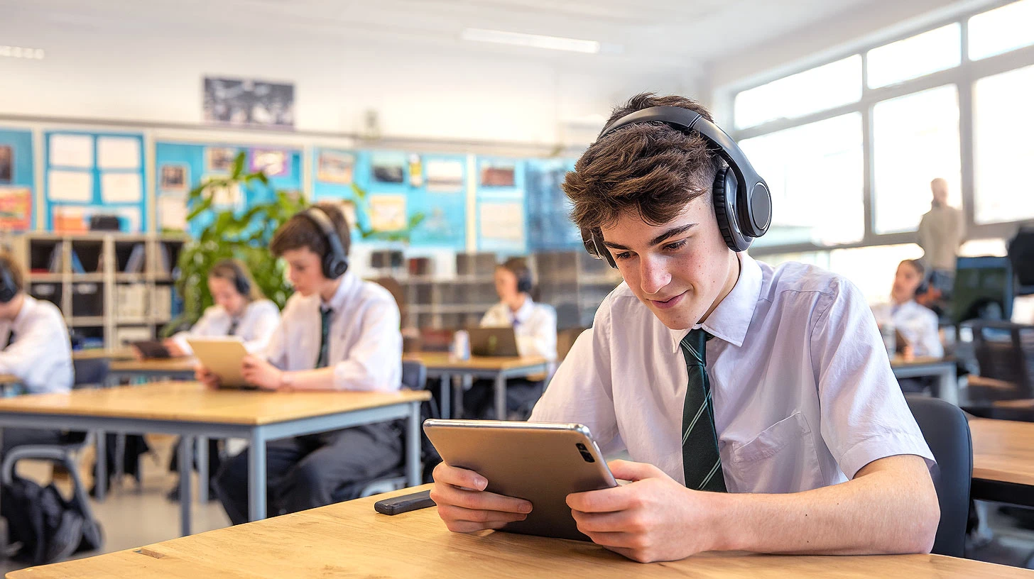Student learning in the classroom with a tutor on video call